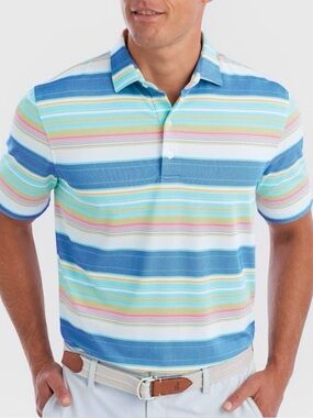 Johnnie-O Erwin Lake Polo Sz L UPF Stripe Prep-Formance Colorful Stretch Golf